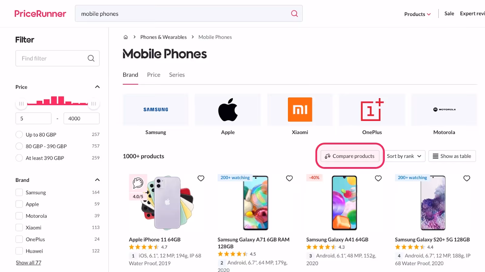 Screenshot of PriceRunner's UI