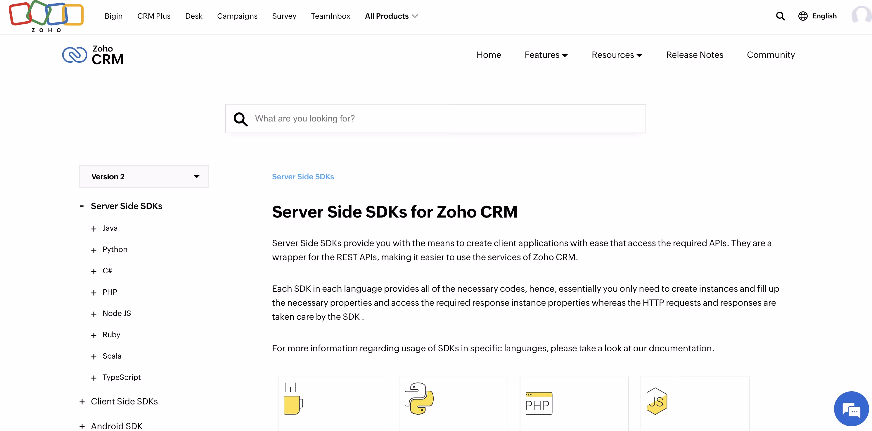 Zoho SDKs home page