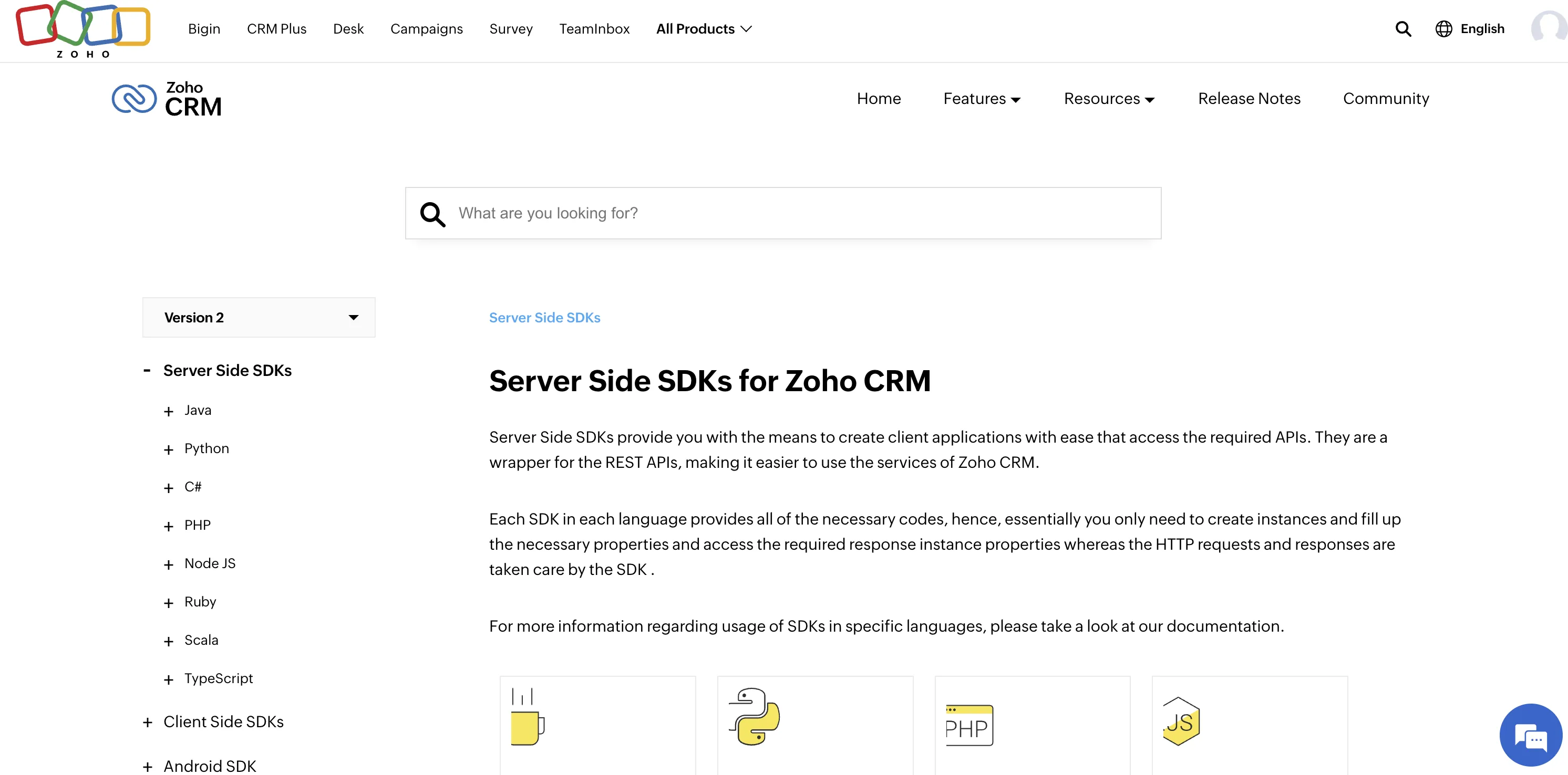 Zoho SDKs home page