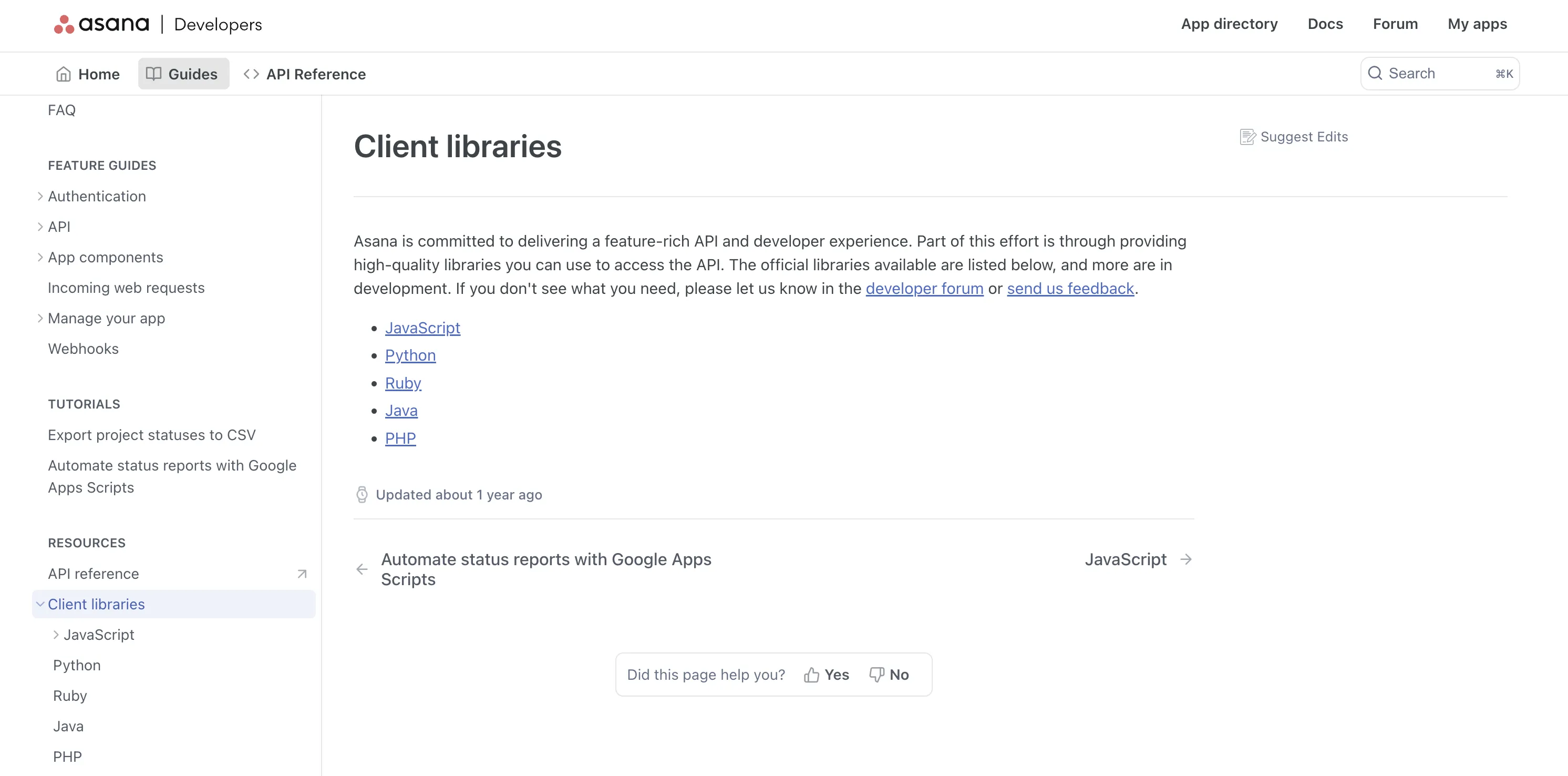 Asana SDK home page