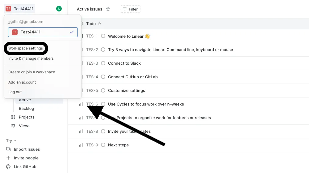 Accessing your Workspace settings in Linear