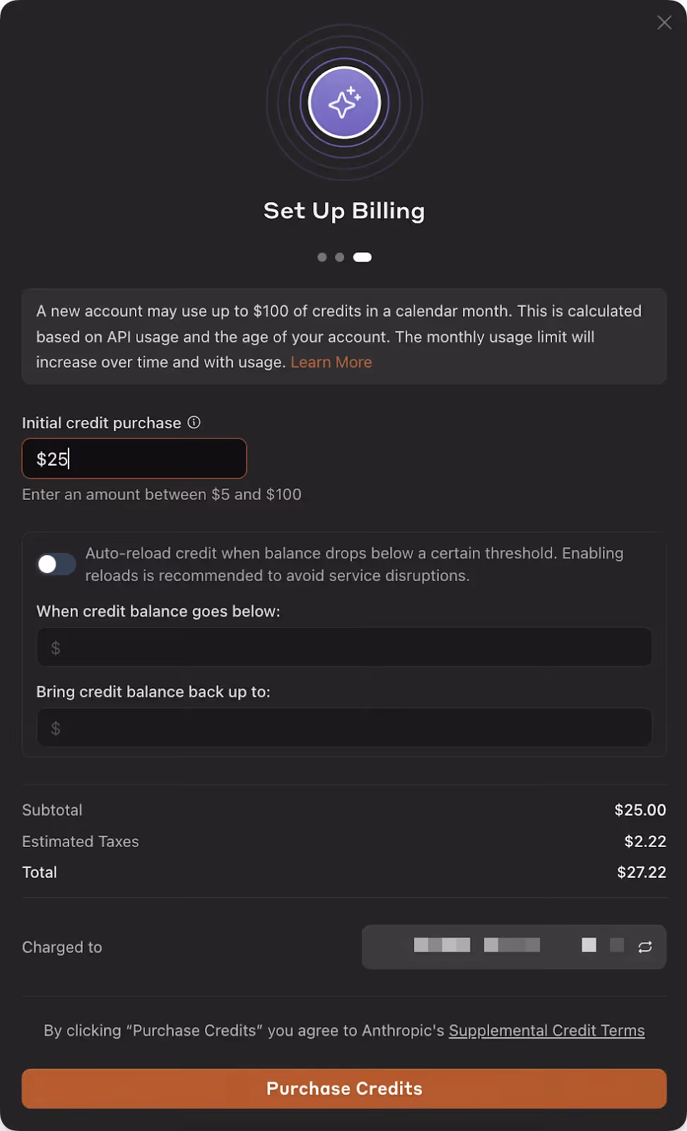 Screenshot of setting up billing