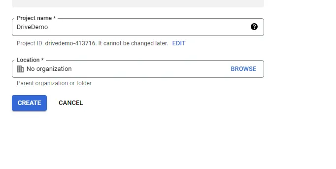 Screenshot of creating a project