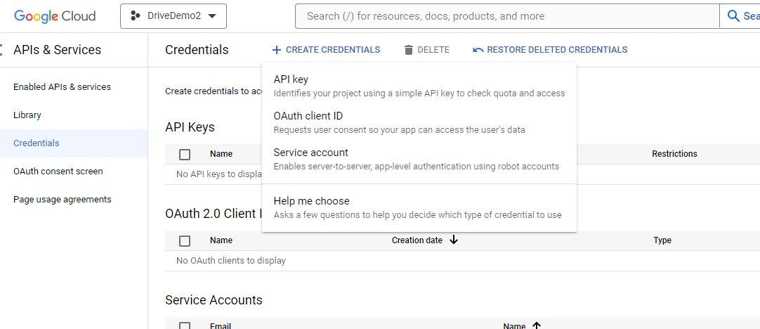 Create credentials