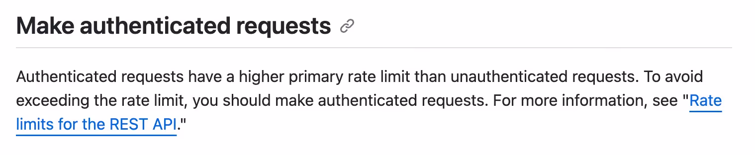 A screenshot from GitHub's documentation that confirms that authenticated requests have a higher rate limit than unauthenticated requests