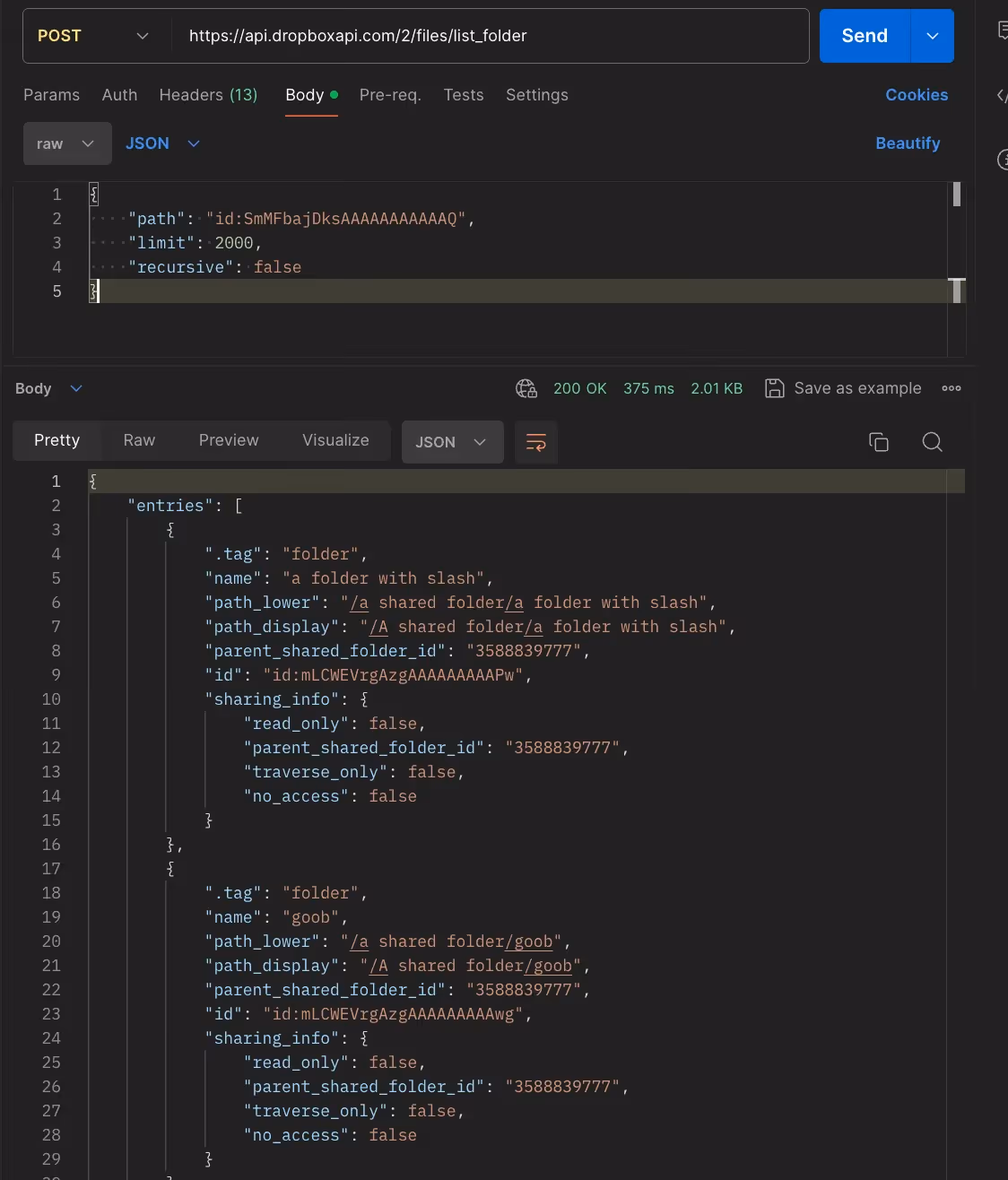 API call for processing folders within a folder