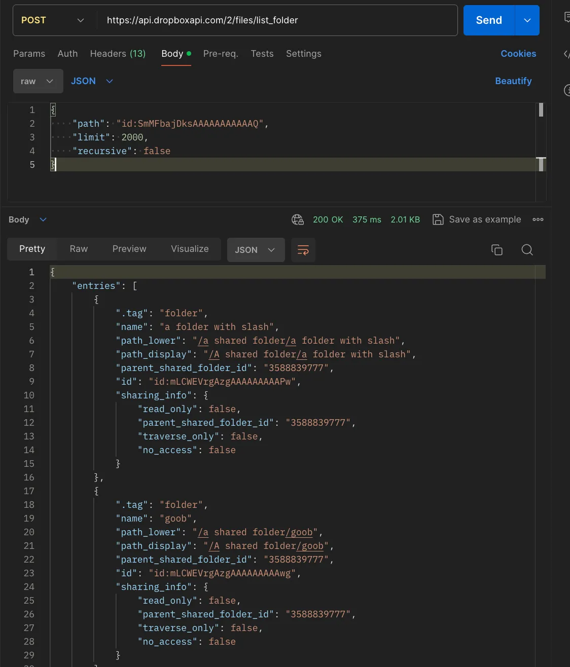 API call for processing folders within a folder