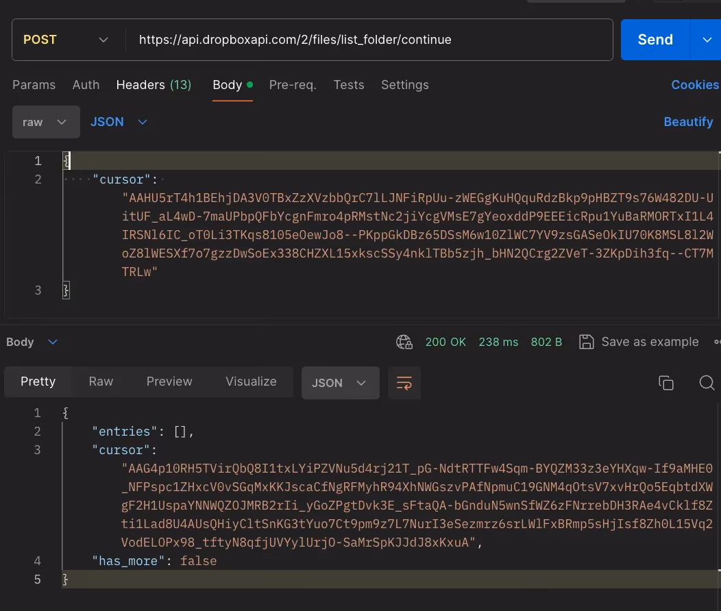 The API request for processing folders at the root level