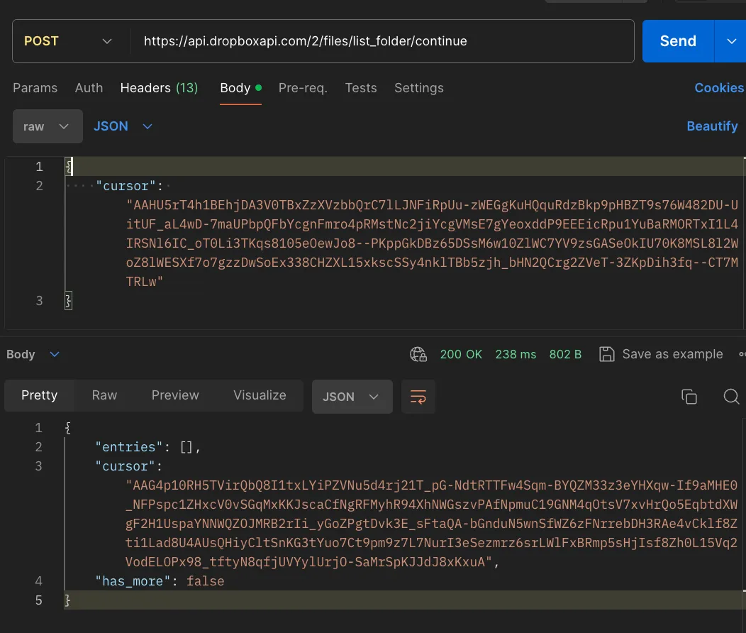 The API request for processing folders at the root level