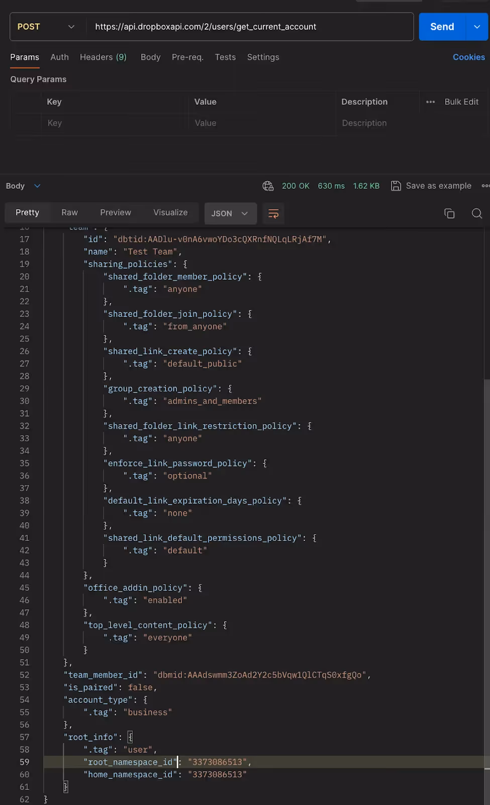 API call to retrieve your root namespace AI