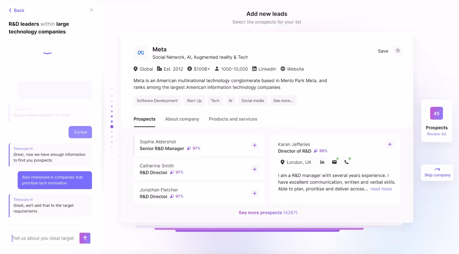 Telescope's AI-powered lead recommendations