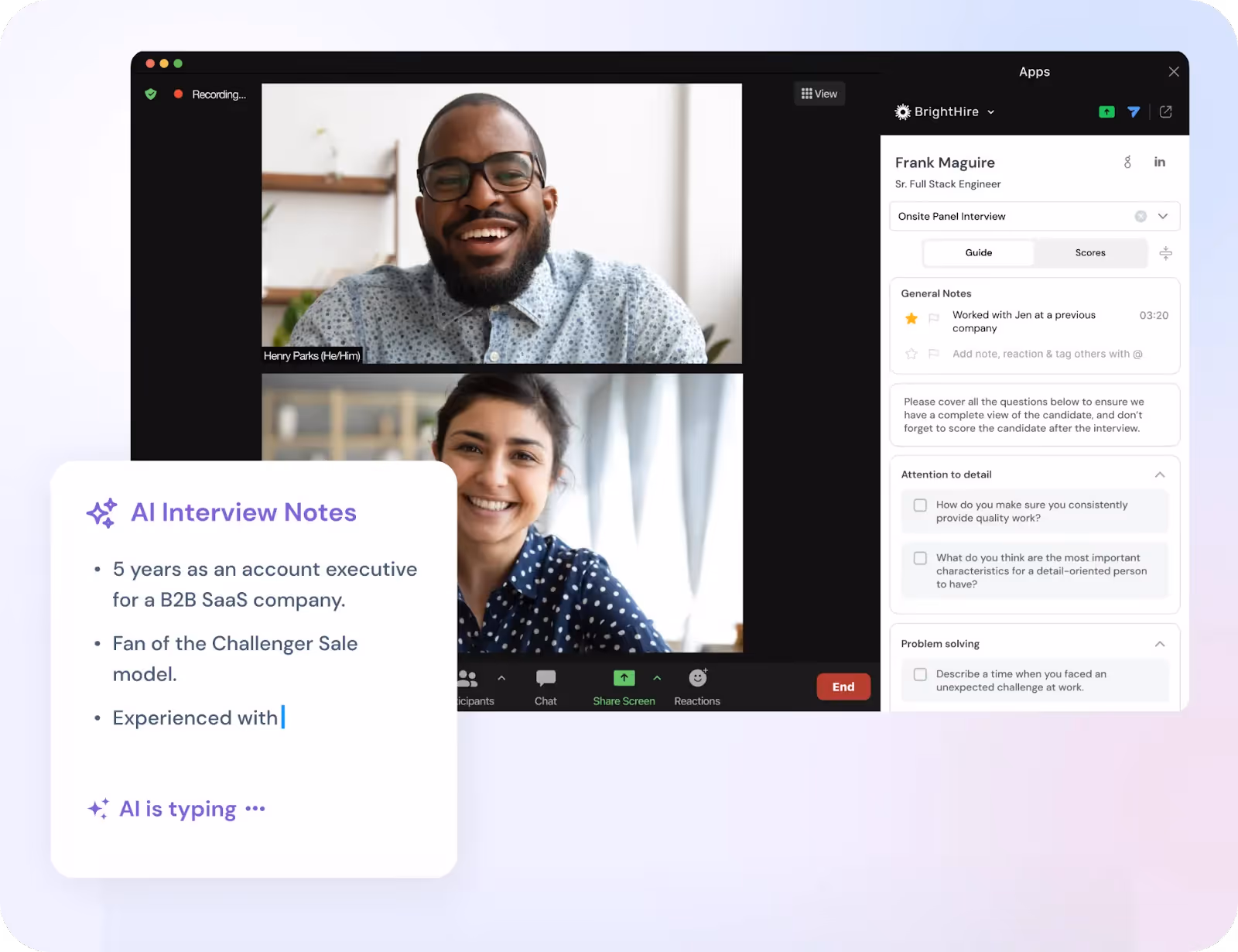 A look at how BrighHire displays information while a candidate is being interviewed 