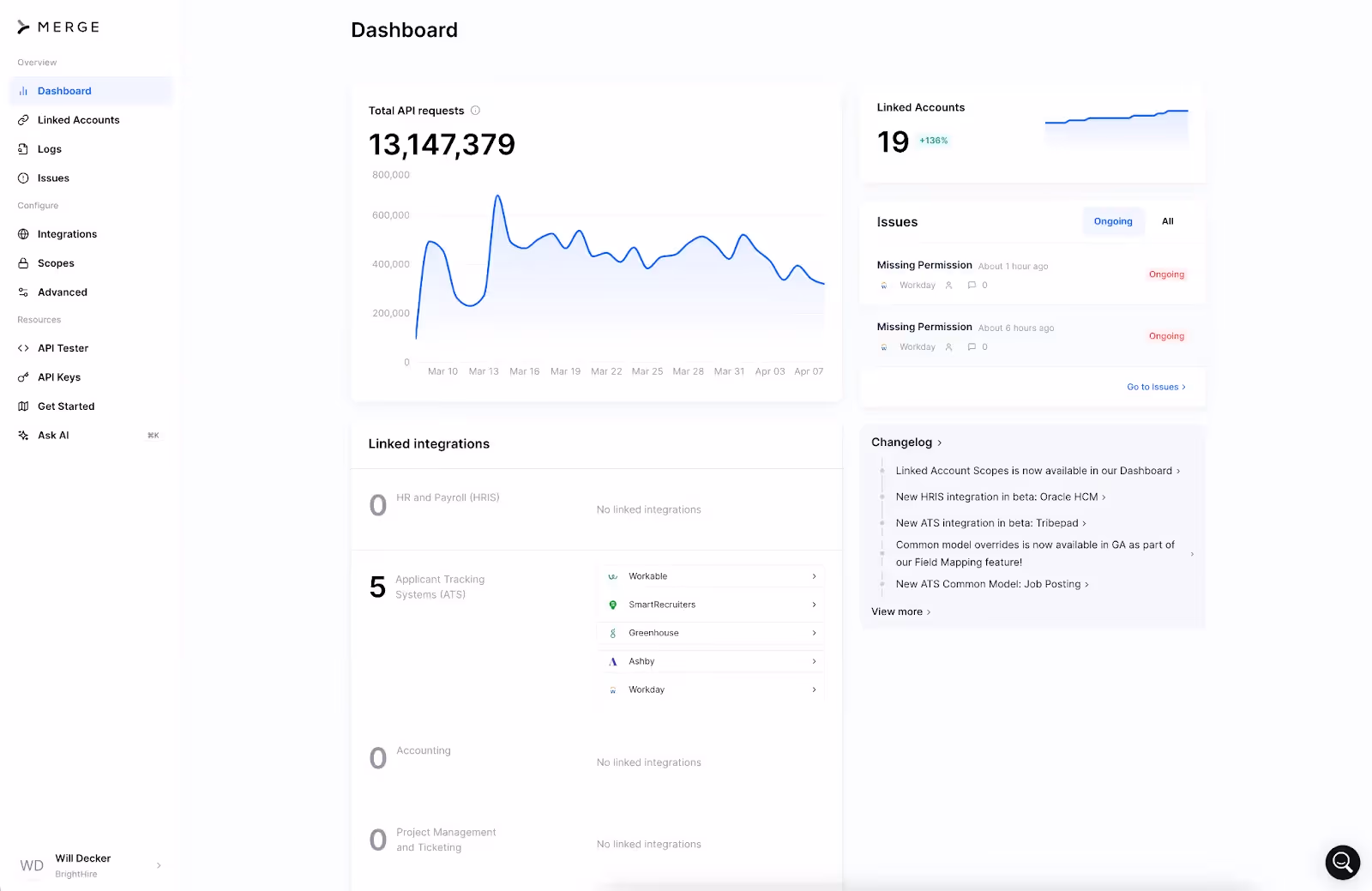 A screenshot of BrightHire's dashboard in Merge