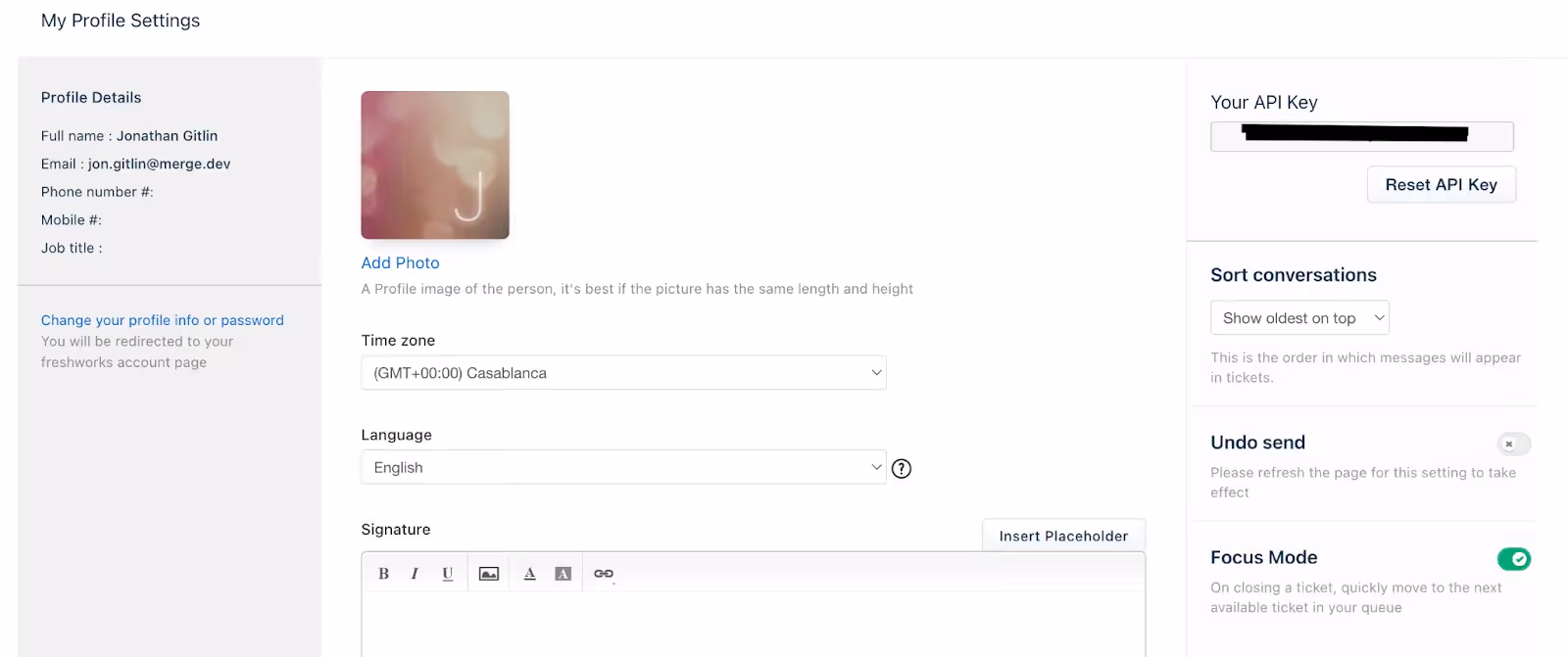 Where your API key appears in your profile settings