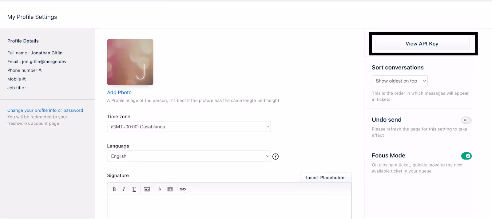 Where to view your API key from your profile settings