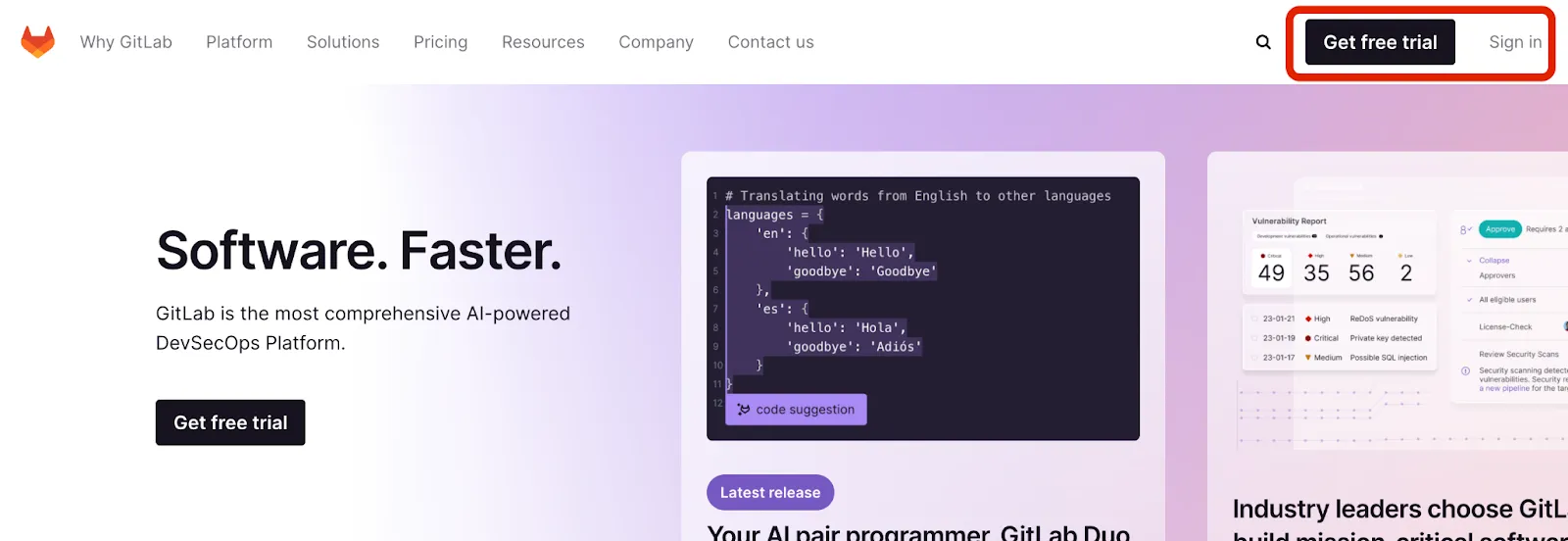 Homepage of GitLab