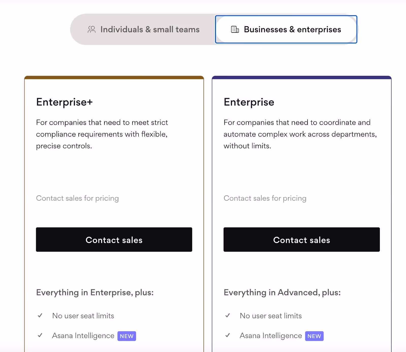 Asana's pricing plans for enterprise organizations