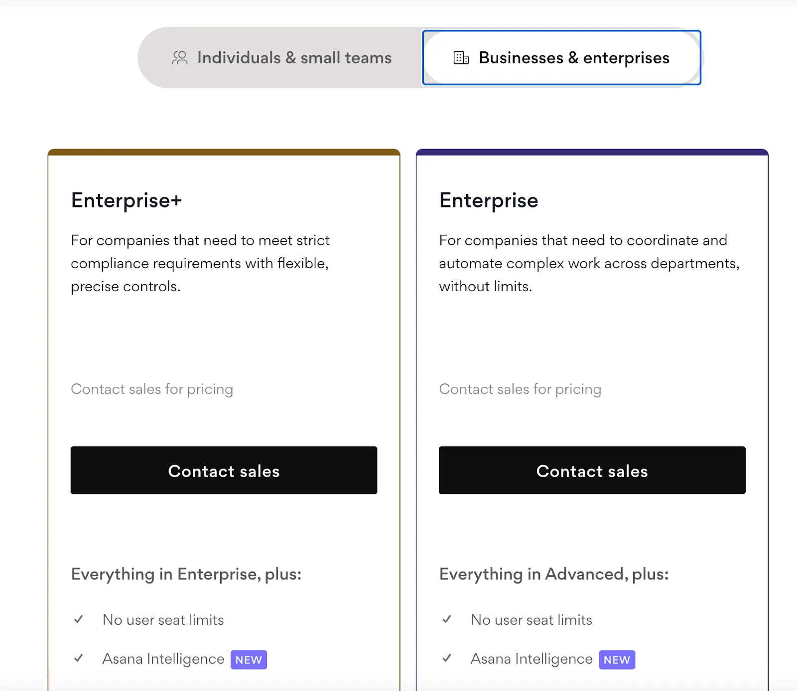 Asana's pricing plans for enterprise organizations