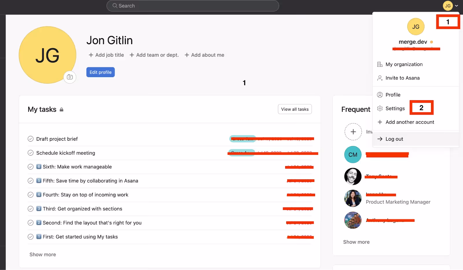 Accessing the Settings page in Asana