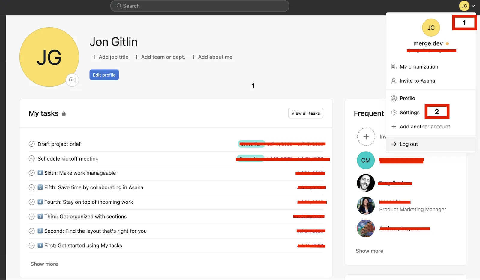 Accessing the Settings page in Asana