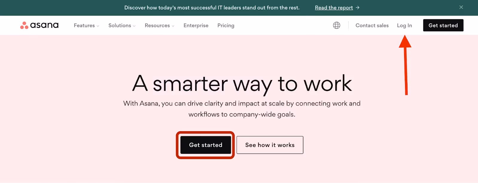 Asana's homepage with highlights for logging in or creating an account