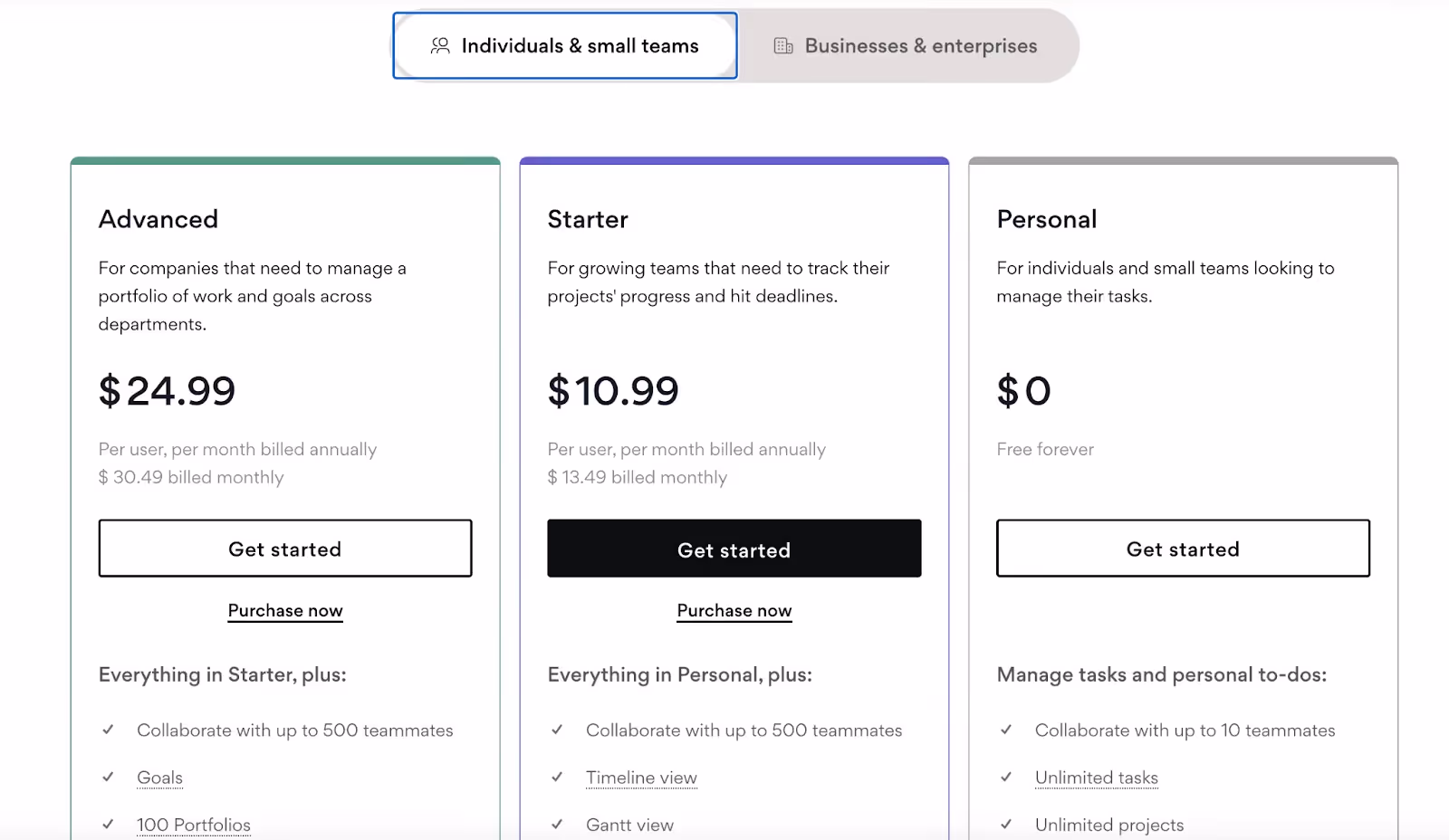 Asana's pricing plans for individuals and small teams