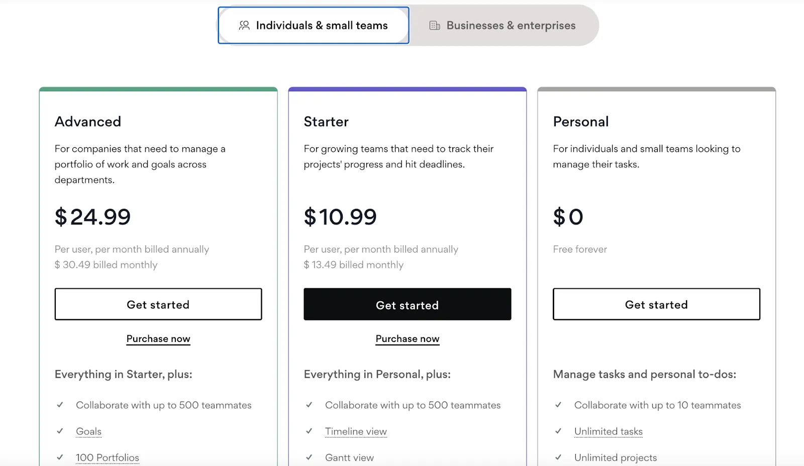 Asana's pricing plans for individuals and small teams