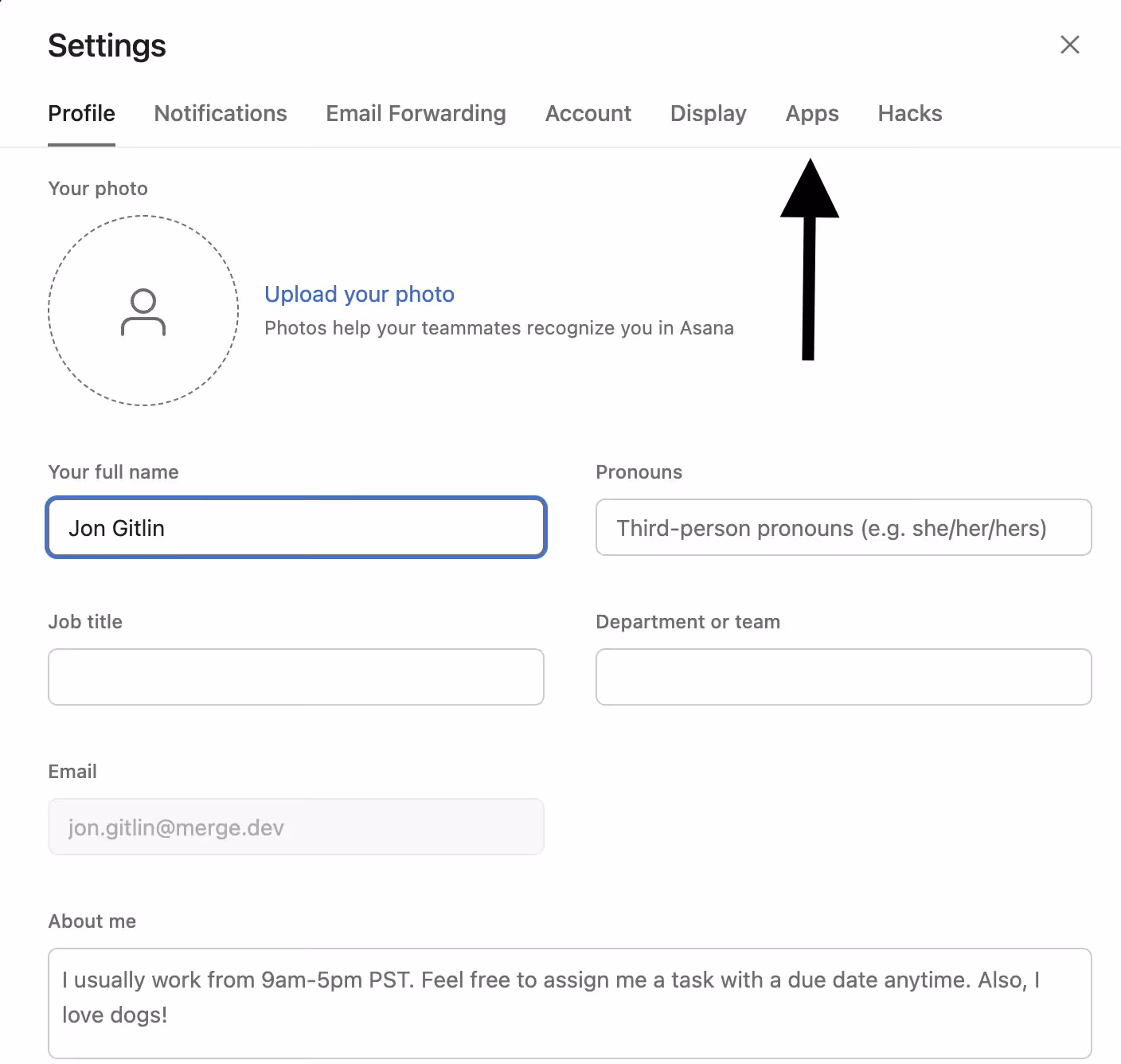 Accessing the "Apps" tab in Asana