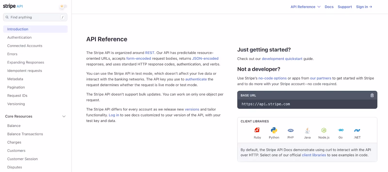 A screenshot of Stripe's API documentation