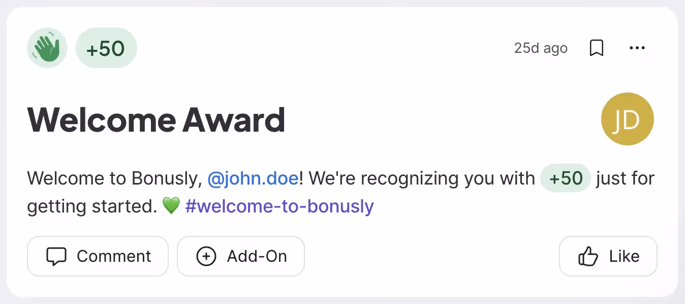 An example of a Welcome Award in Bonusly