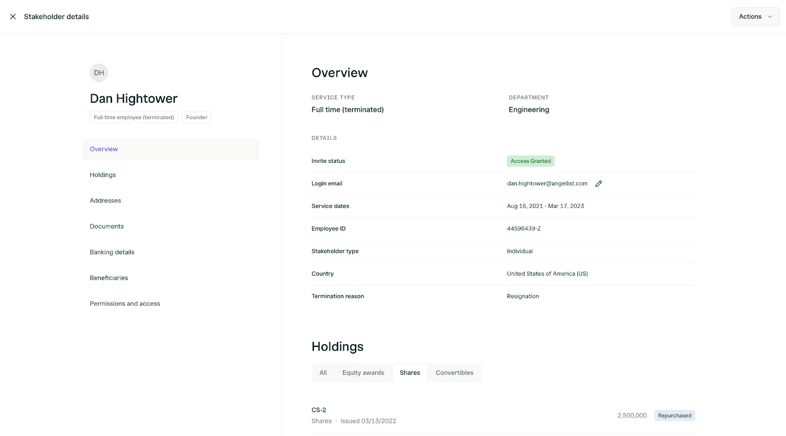 Screenshot of a terminated employee's profile in AngelList Equity