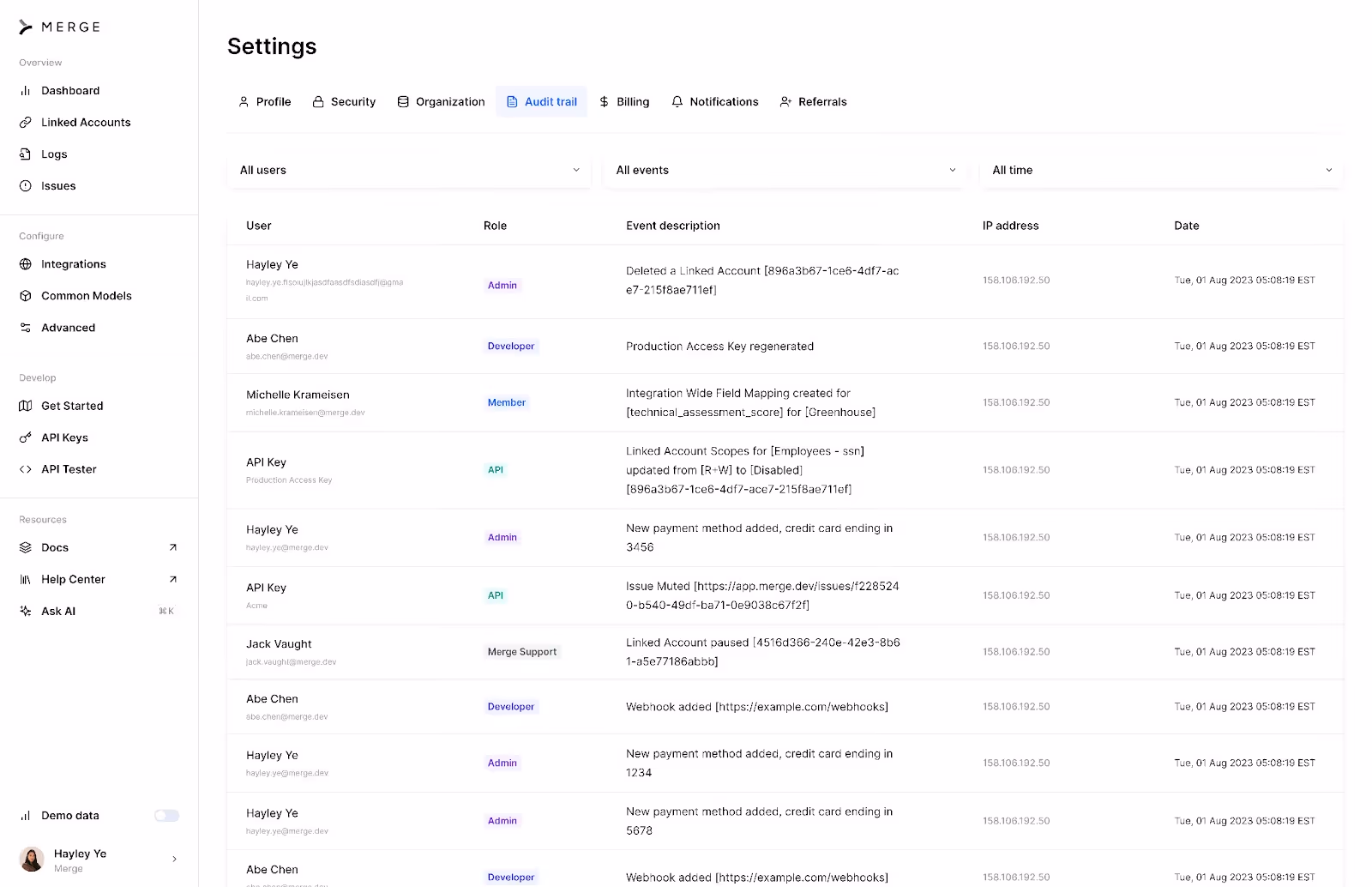 Screenshot of Merge's Audit Trails feature