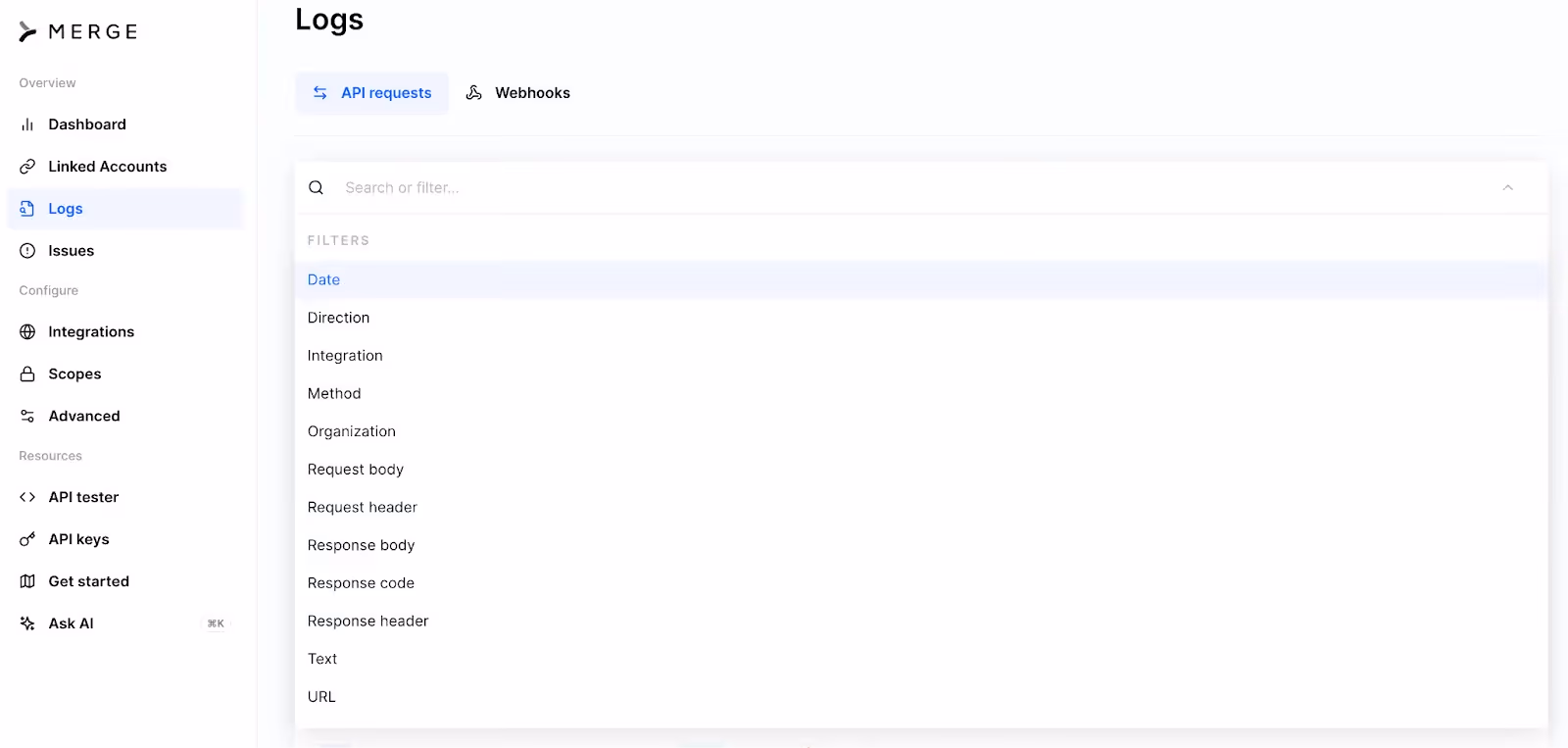 A screenshot of Merge's search functionality for its logs