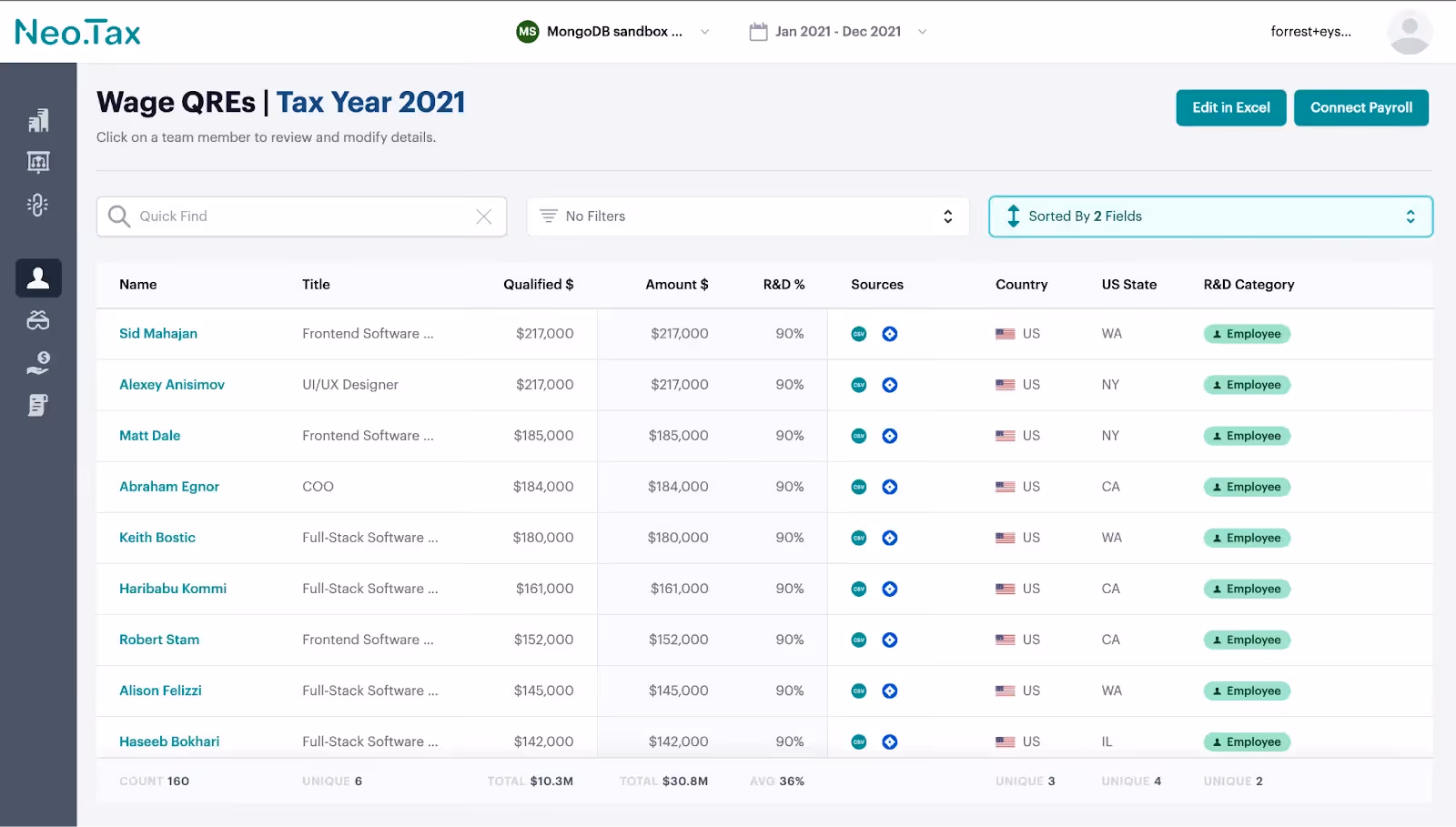 Contacts sorted in Neo.Tax