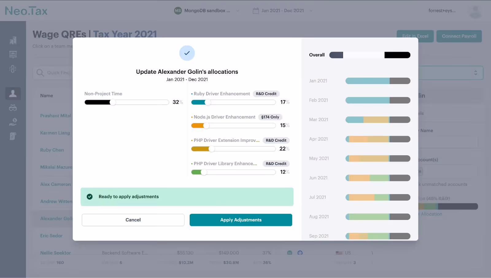 Updating an employee's allocation levels to a given project
