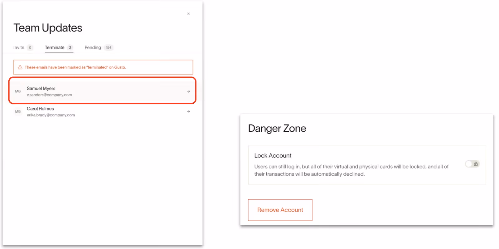 Card de-provisioning flow in Ramp