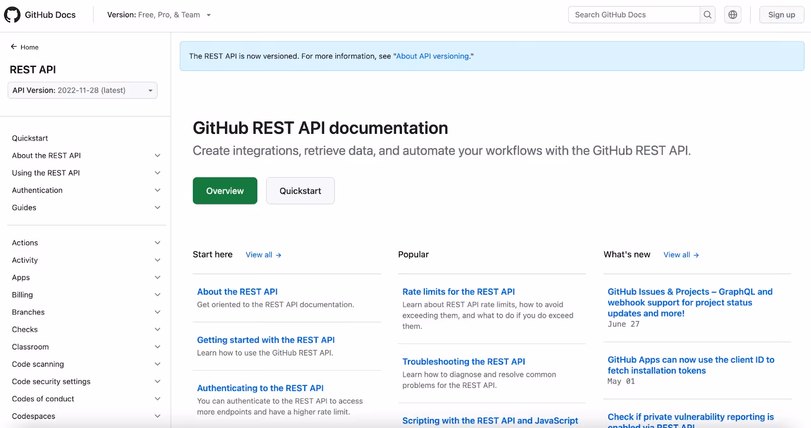 A screenshot of GitHub's API documentation