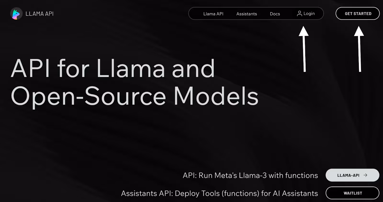 How to create an account or login from the Llama API homepage