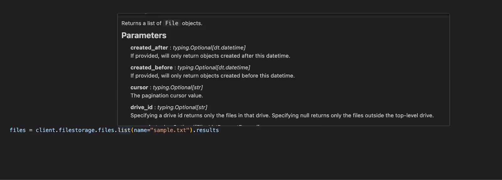 Screenshot of IntelliSense sharing parameters you can include