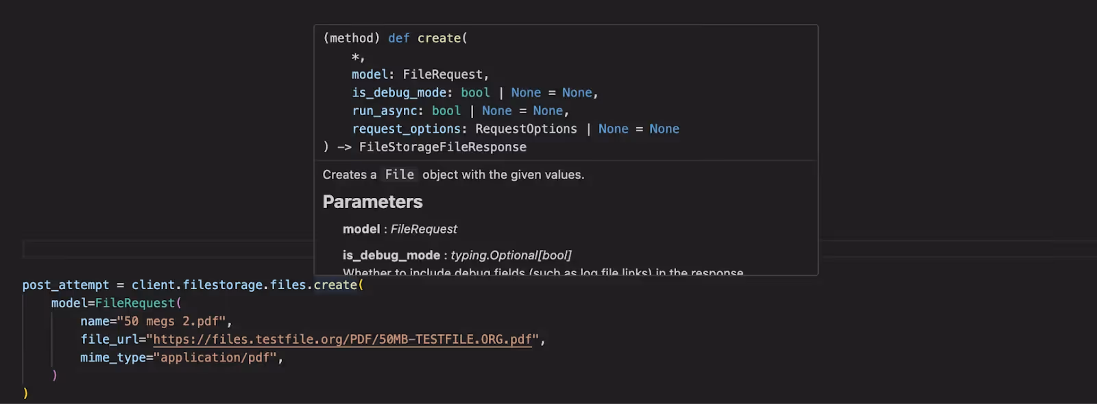 Intelliense providing details on required fields and their data types