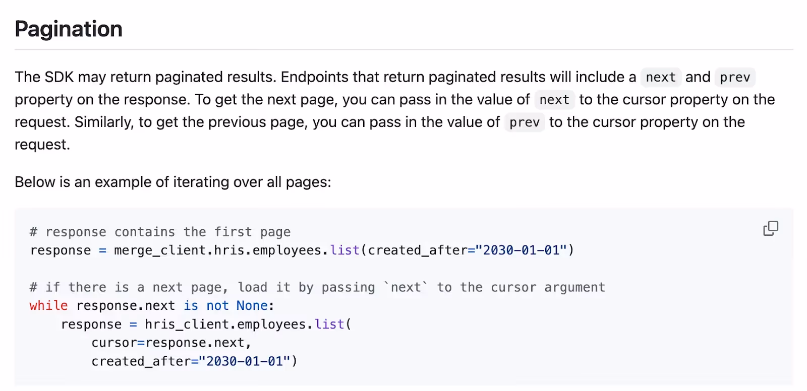 Screenshot that explains how Merge paginates results