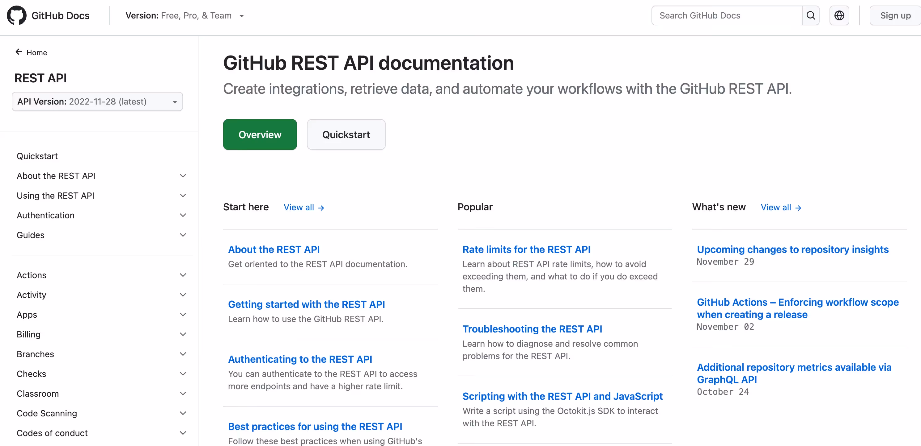 A screenshot ofGitHub's API documentation