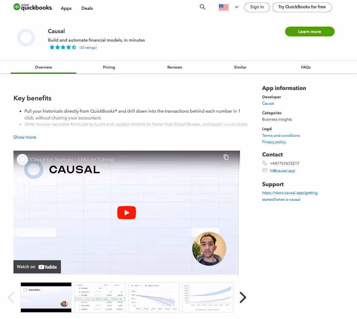 Causal's listing on QuickBooks' app store