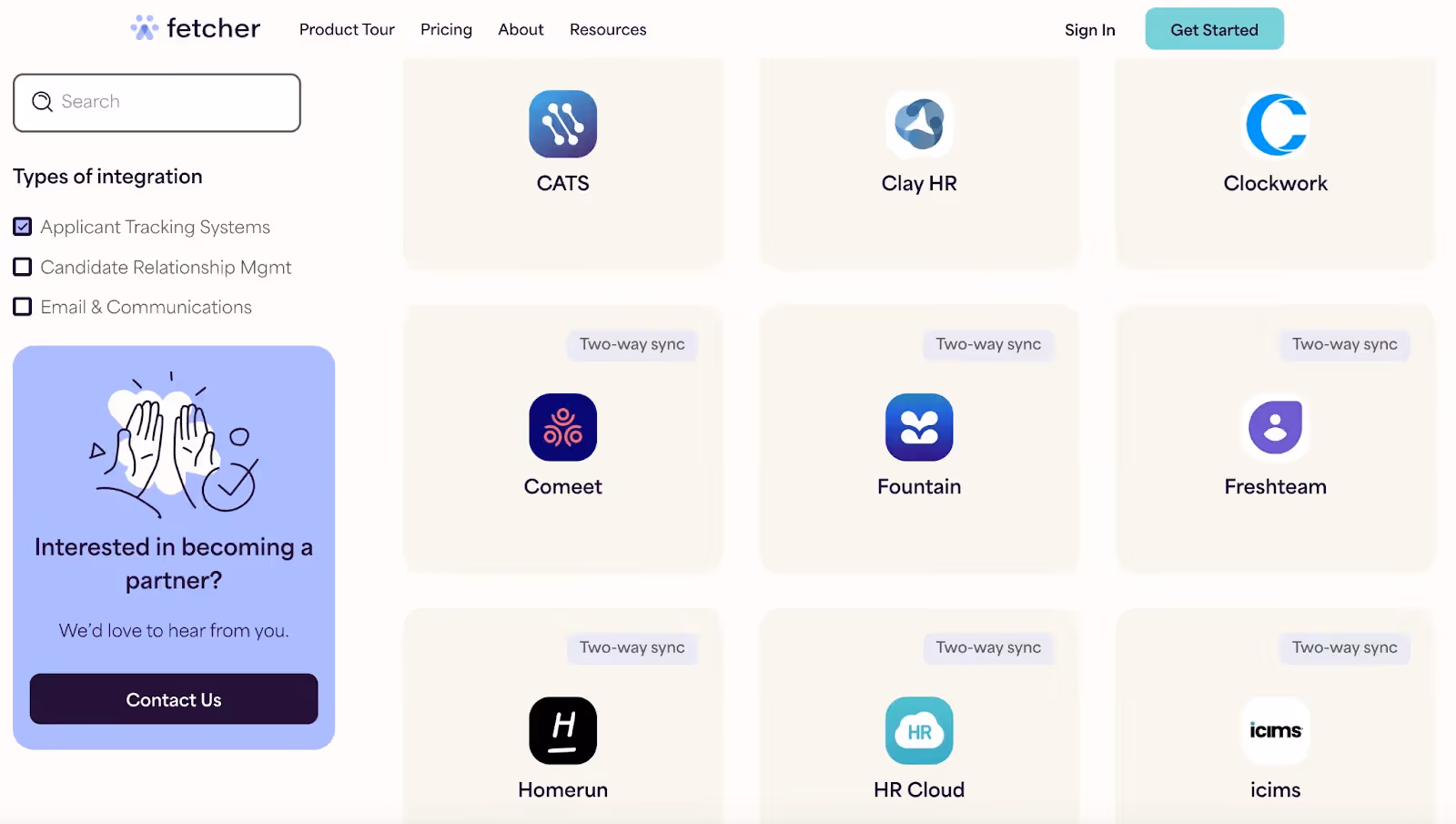 A screenshot of Fetcher's integration marketplace