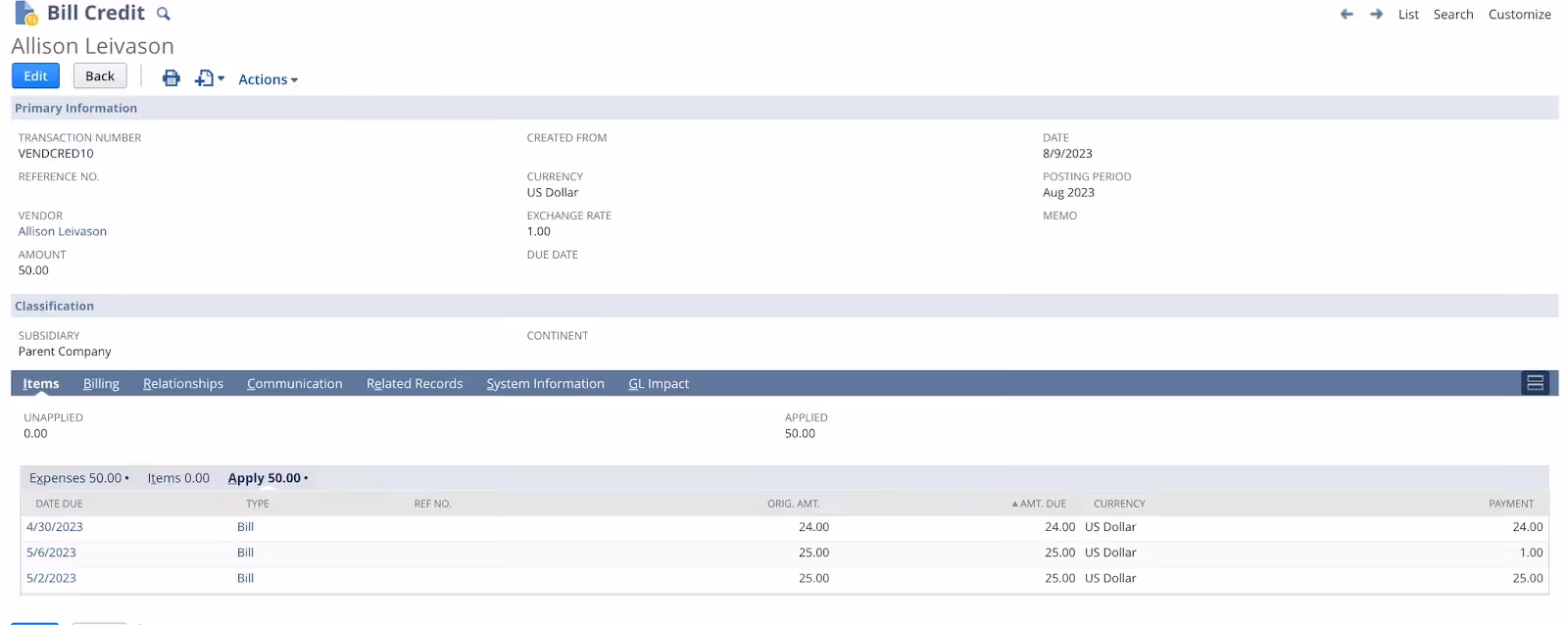 Bill credit in NetSuite