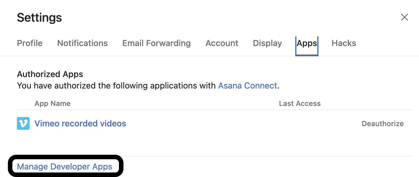 How to access Manage Developer Apps in Asana