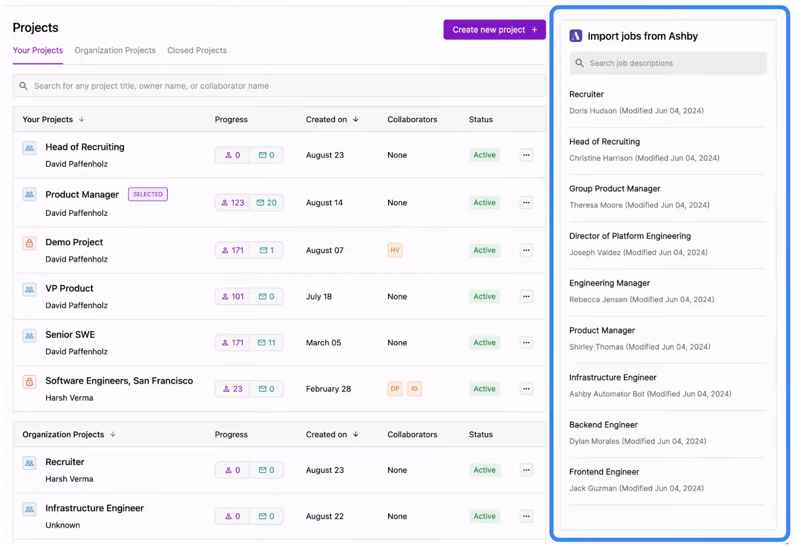 A screenshot of integrated jobs appearing in Juicebox