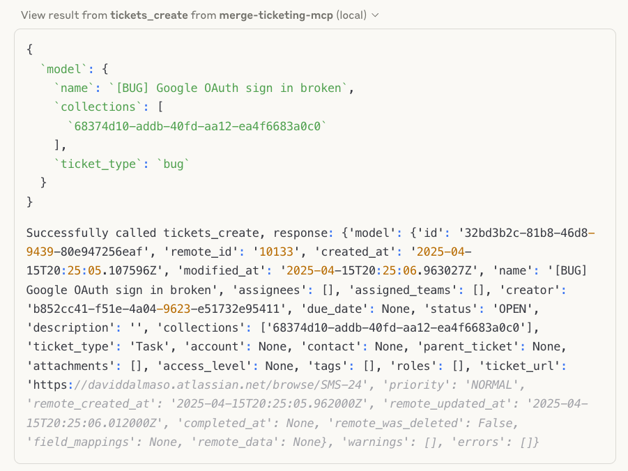 A screenshot of a ticket_create response from Merge MCP