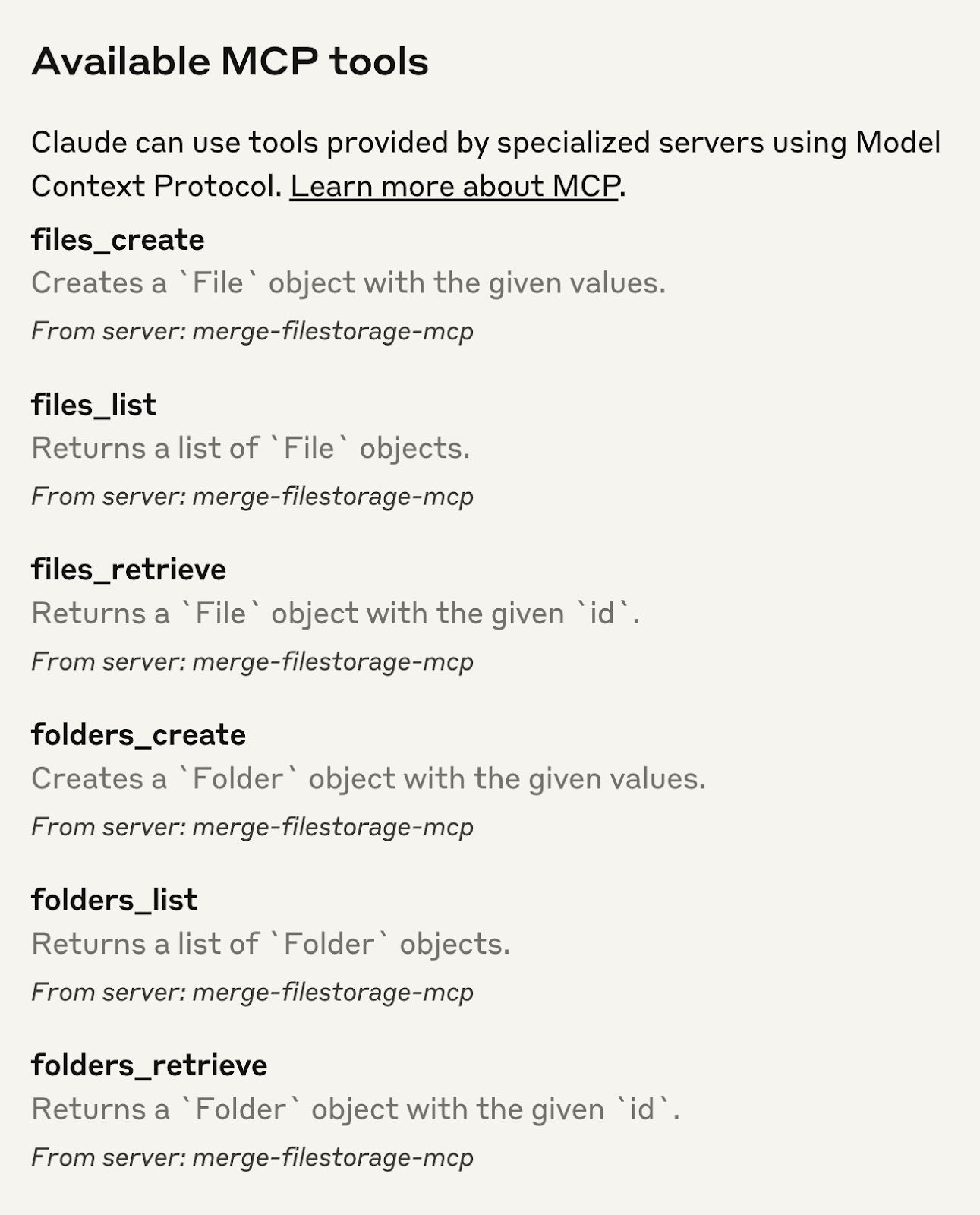 A screenshot of some of the available tools for Merge MCP