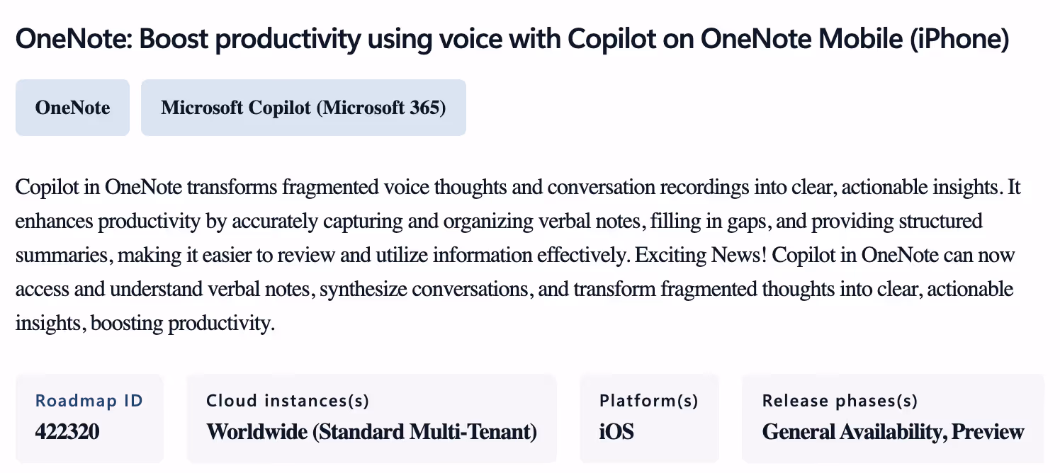 How Microsoft 365 includes descriptions in their roadmap